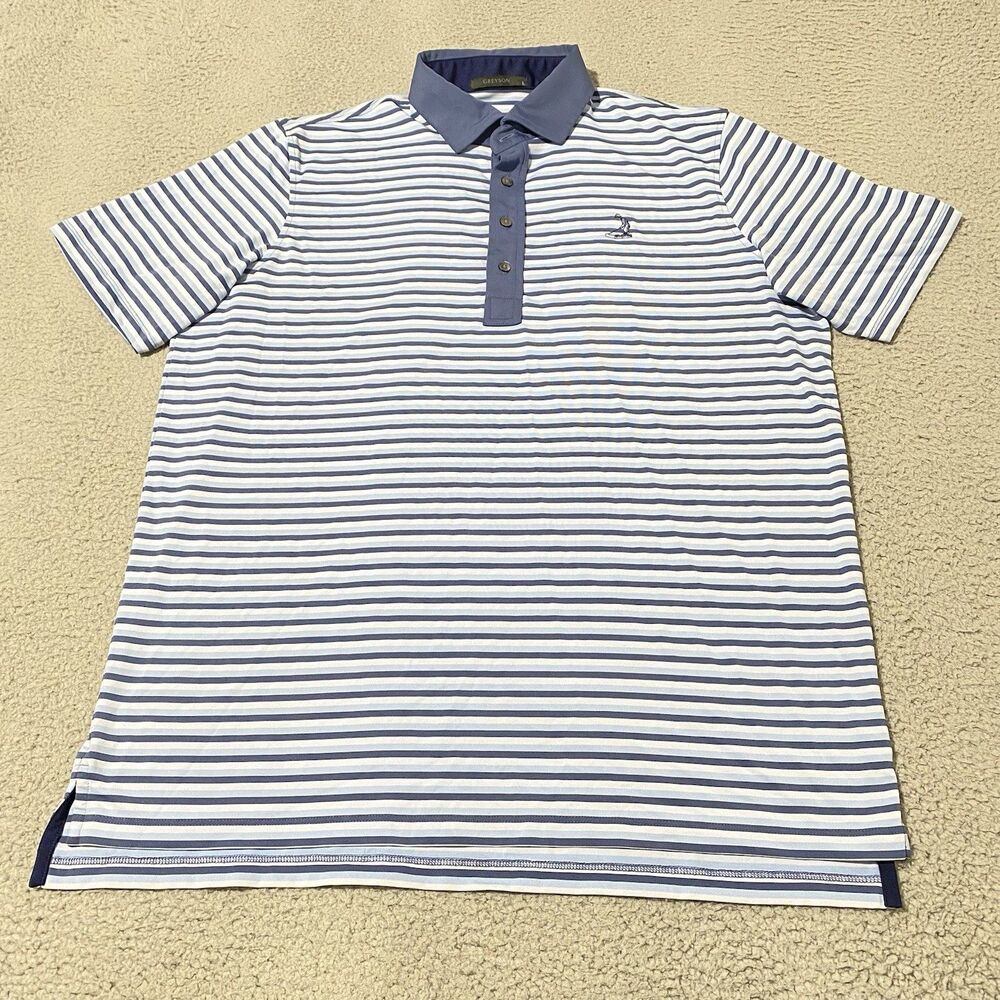 Pinehurst Golf Polo Shirt Greyson Mens L Blue White Striped Logo Active Stretch